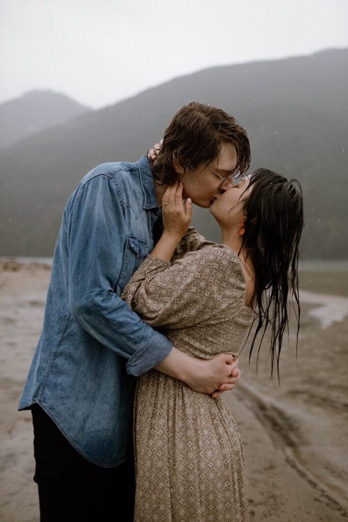 The Notebook inspired beach engagement session in the rain at Golden Ears Park in Vancouver.