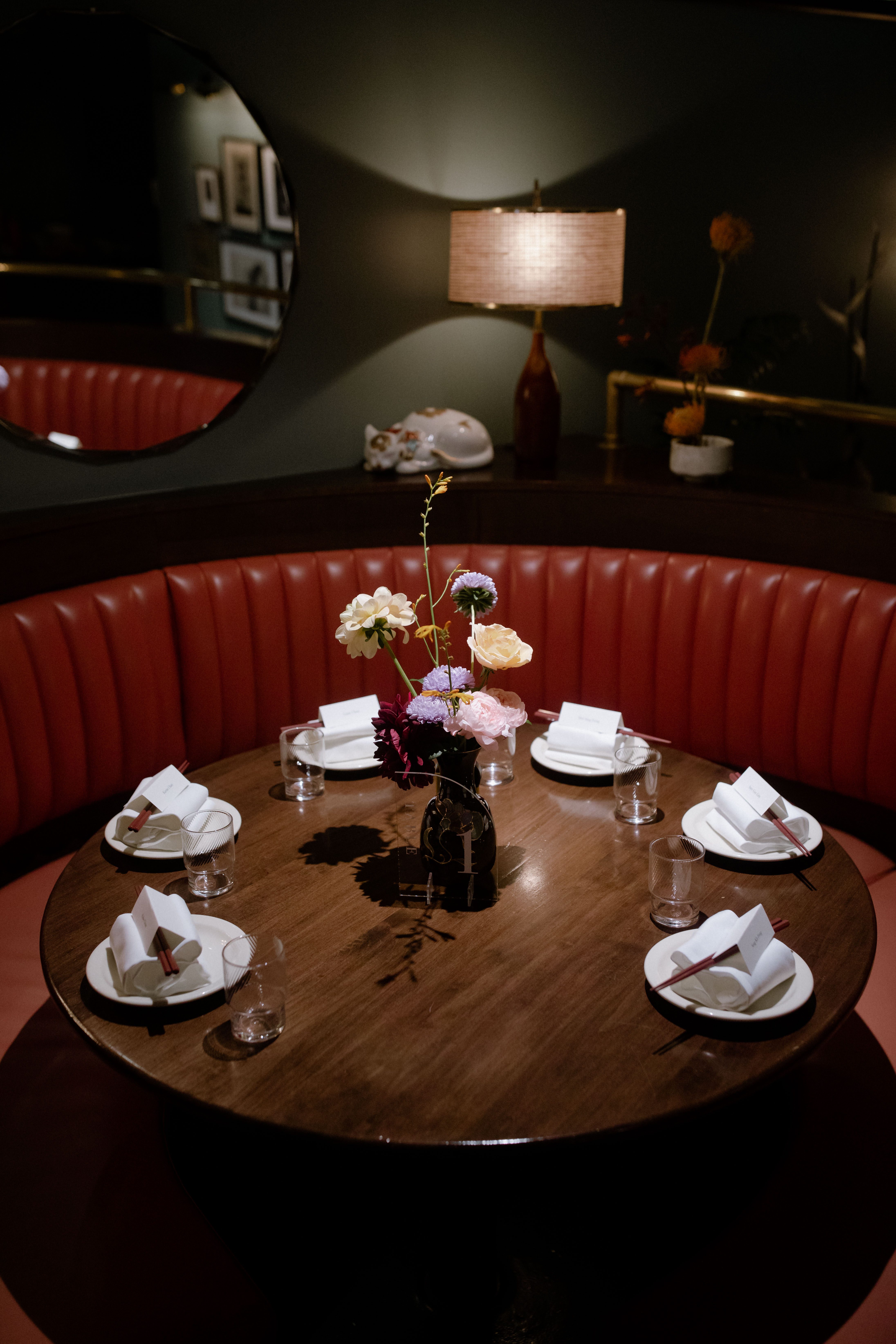 Wedding tablescape with a floral centerpiece at Kissa Tanto, Vancouver